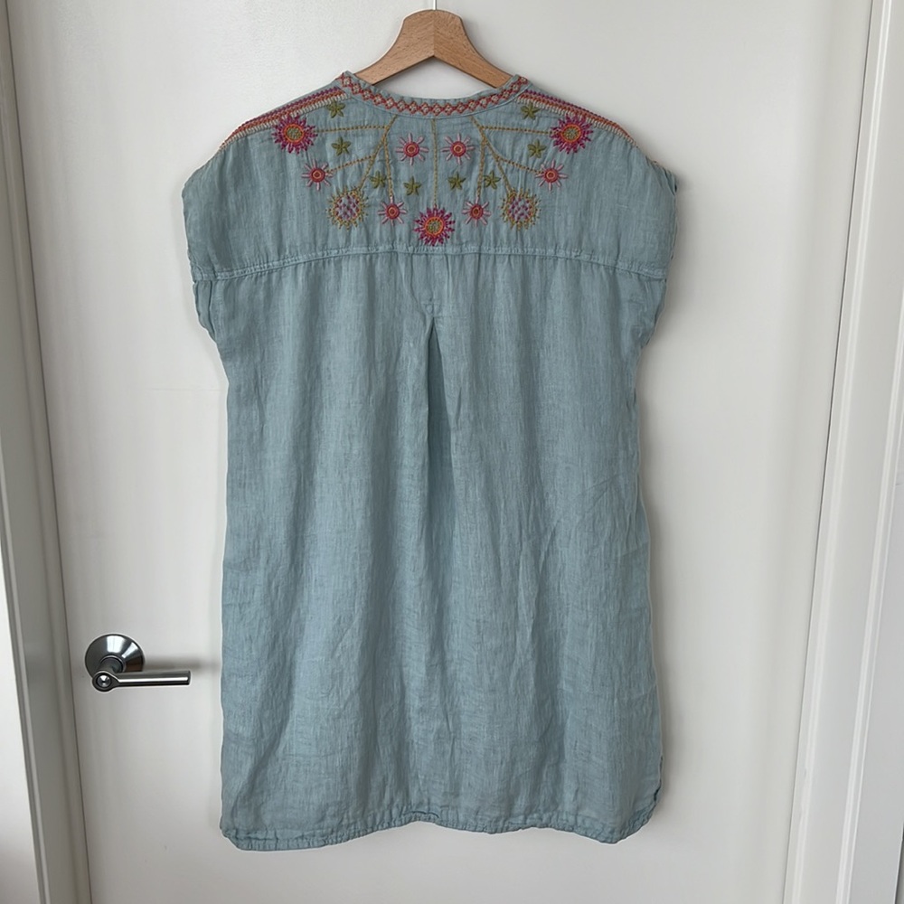 Johnny Was Biya Elektra Lined Blue Surf Linen Embroidered Boho Womens XS Tunic - Picture 4 of 5